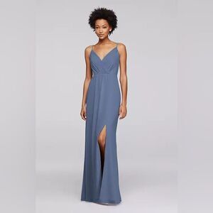 David’s Bridal Long Bridesmaid Dress W/ Beaded Straps STYLE# F19281 Steel Blue 0